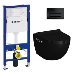Geberit Toilet Set Duofix support frame + Vitra SENTO matt black rimless toilet + Softclose seat + Black plate (BlackSentoGeb-7)