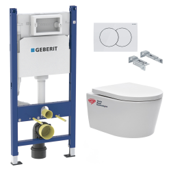 Geberit Support Frame 112cm + Swiss Aqua Technologies Rimless toilet + White flush plate + Insulation set (SATRIMLESSGEB3SET)