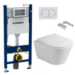 Geberit Toilet set DuoFix Support Frame + Lucco Avva Rimless toilet + Softclose seat + White plate + Sound insulation set (AvvaGeb3SET)