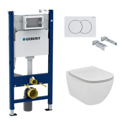 Geberit Toilet set Duofix frame + Tesi Aquablade Rimless WC + slim softclose seat + White Plate + Sound insulation (TesiGeb3SET)