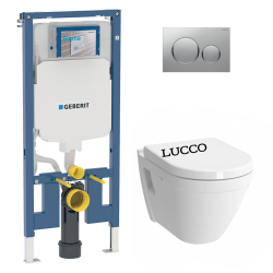 Geberit UP720 Extra-Flat Support Frame Set + Lucco Avva Rimless Toilet + Soft-Close Seat + Chrome Flush Plate (SLIM-Avva-N)