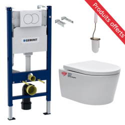 Geberit Duofix support frame set + SAT rimless+ Softclose seat + White flush plate + FREE toilet brush (SATrimlessGeb3-Flex2)