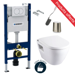 Geberit Toilet set Duofix frame + Serel SM10 wall-hung toilet + Softclose seat + White plate + FREE toilet brush ( SM10Geb3-Flex1 )