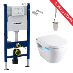 Geberit Toilet set Duofix frame + Serel SM10 wall-hung toilet + Softclose seat + White flush plate + FREE toilet brush (SM10Geb3-Flex2)