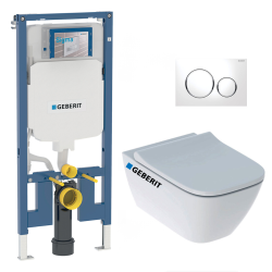 Geberit Toilet set Duofix extra-flat support frame + Geberit Smyle Rimless toilet + softclose  seat + White plate (SLIM-Smyle-C)
