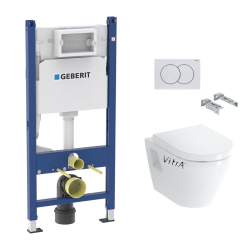 Geberit Toilet set Duofix Frame + Vitra Integra wall-hung toilet + Duroplast seat + White plate (IntegraClassicGeb3)