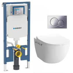 Geberit Slim UP720 Frame + Vitra Sento Rimless Wall-Hung Toilet + Soft-Close Seat + Shiny Chrome Flush Plate (SLIMSENTON)