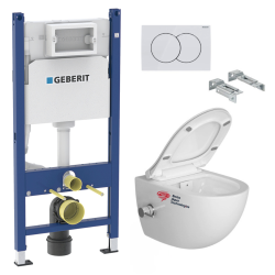 Geberit Pack Toilet Frame + SAT rimless toilet with thermostatic bidet + Softclose seat + White plate (SATCleanGeb3)