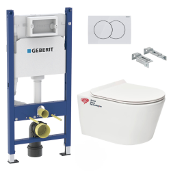 Geberit Toilet Pack Duofix Frame 112cm + SAT Brevis Rimless Toilet + Ultra-Thin Soft-Close Seat + White Flush Plate (BrevisGeb3)