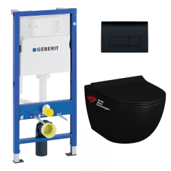 Geberit Duofix Frame + Matt Black Infinitio Rimless Toilet + Soft-Close Seat + Black Flush Plate (BLINFI2GEB7)