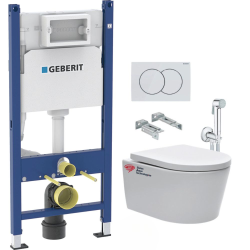 Geberit 112cm Toilet Frame + Swiss Aqua Technologies Rimless toilet + Bidet shower + White plate (SATRIMLGEB3-SPRAY3)