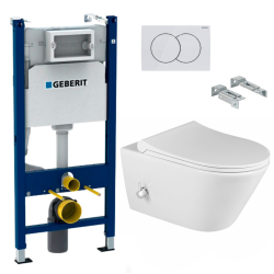 Geberit Toilet Pack Duofix Frame + Avva Rimless Toilet with bidet function + Soft-Close Seat + White Flush Plate (AvvaCleanGeb3)