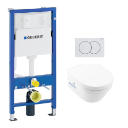 Geberit Toilet Pack UP100 Frame + Architectura Rimless Toilet + Soft-Close Seat + White Flush Plate (Archi3Geb1)