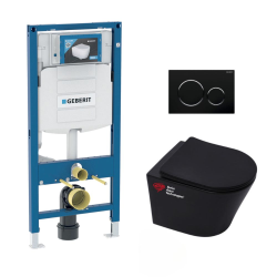 Geberit Toilet Pack Duofix UP320 Frame + SAT Infinitio Matt Black Rimless Toilet + Black/Chrome Flush Plate (GebBlackInfinitio-D)