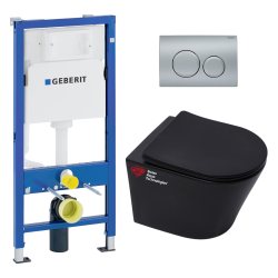 Geberit Toilet Set Duofix support frame + SAT Infinitio matt black rimless toilet + Softclose seat + Matt chrome plate