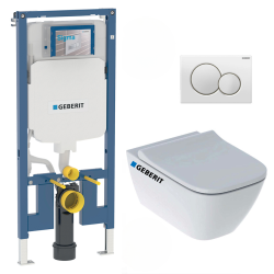Geberit Toilet Set Duofix extra-flat support frame + Geberit Smyle rimless toilet + Softclose seat + White plate