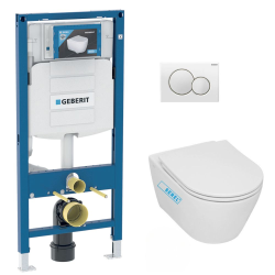 Geberit Toilet Pack Duofix UP320 Frame + Serel SP26 Rimless Toilet + Soft-Close Seat + White Flush Plate (GebSP26-B)