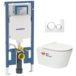 Geberit UP720 Slim WC Frame + SAT Brevis Rimless Toilet, Invisible Fixings + White Flush Plate (SLIM-Brevis-C)