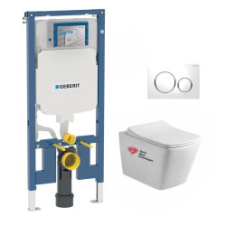 Geberit UP720 Extra-Flat Support Frame UP720 + SAT rimless Toilet + Soft-Close Seat + White/Chrome Flush Plate (SLIMSINFIC)