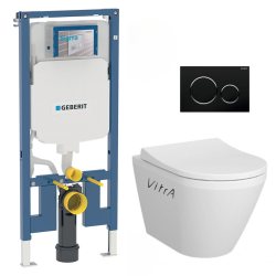 Geberit Toilet Pack UP720 Extra-Flat Frame + Vitra Integra Rimless Toilet , invisible fixings + Soft-Close seat + Black/Chrome plate