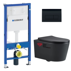 Geberit Rapid SL support frame + Matt Black SAT rimless WC + Softclose seat + Black plate (BLSATGEB7)