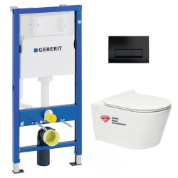 Geberit Toilet Pack Duofix UP100 Frame + Rimless SAT Brevis Toilet with Soft-Close Seat + Matt Black Flush Plate (BREVISGEB10)