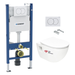 Geberit Toilet Pack Duofix Support Frame + SAT Rimless Toilet + Soft-Close Seat + White Flush Plate (ProjectGeb3)