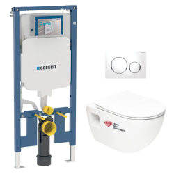 Geberit Duofix UP720 Extra-Flat Frame + SAT Rimless Toilet, Soft-Close Seat + White/Chrome Flush Plate (SLIM-Project-C)