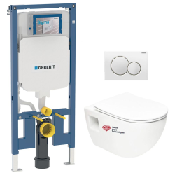 Geberit Duofix Pack UP720 Extra-Flat Support Frame + SAT Rimless Toilet with Soft-Close Seat + White Flush Plate (SLIM-Project-B)