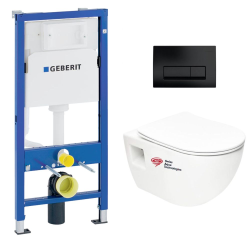 Geberit Duofix Pack UP100 Support Frame + SAT Rimless Toilet with Soft-Close Seat + Delta 50 Matt Black Flush Plate (ProjectGeb10)