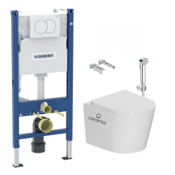 Geberit Duofix 112cm Toilet Frame + Ceramia Tornado Rimless bowl + 1-jet hand shower + support + white plate (CETORGEB3SPR2VP)