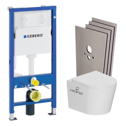 Geberit Duofix Frame + Ceramia Rimless wall-hung toilet + SoftClose seat + White plate + Wall cladding set (CETORGEB1SB)