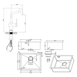 Ceramia Timeless 55x45x21cm Undermount Sink 304 Stainless steel+Mixer with pull-out spray, Brushed Gun Metal (TMLKSU-5545BGM-M1)