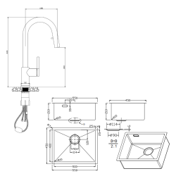 Ceramia Timeless 55x45x21cm Undermount Sink 304 Stainless steel+Mixer with pull-out spray, Brushed Gun Metal (TMLKSU-5545BGM-M2)