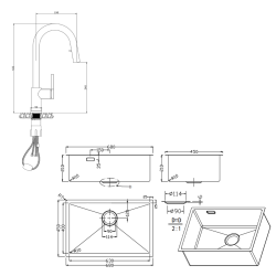 Ceramia Timeless 68x45x21cm Undermount Sink 304 Stainless steel+Mixer with pull-out spray, Brushed Gun Metal (TMLKSU-6845BGM-M2)
