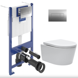 Toilet Frame + Swiss Aqua Technologies toilet without rim and invisible fixings + Chrome plate (ViConnectSATrimless-1)