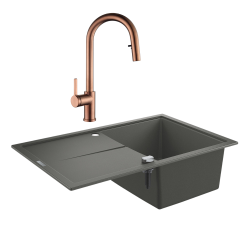 Grohe + Ceramia Grohe K400 Quartz Composite Sink with Reversible Drainer 780x500 mm + Ceramia Timeless Mixer Tap (G31639TML2BCP-SET)