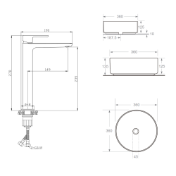 Ceramia PixL 36x12.5 cm countertop washbasin + Swiss Aqua Technologies Mood XL mixer tap + Ceramia PixL waste (CEPX36MOMSAT285C)