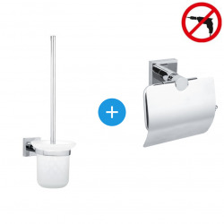 Tesa Hukk Set Unwinder with stainless steel cover + toilet brush, easy installation without drilling, Chrome (40247-DUOTESA)