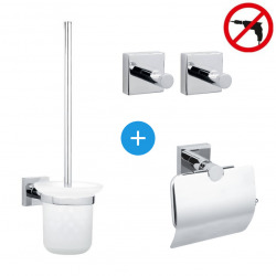 Tesa Hukk Set Unwinder with cover + Toilet brush + 2 Towel hooks, easy installation without drilling, Chrome (40247-QUADRIOTESA)
