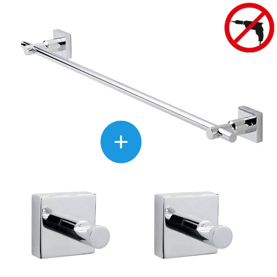 Tesa Hukk Pack Wall mounted towel holder Two towel hooks easy installation without drilling Chrome 40250 TRIOTESA2 Bathroom2kitchen