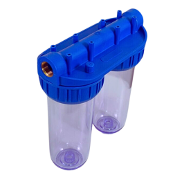 Swiss Aqua Technologies Double transparent bowl with 3/4" brass fittings for 10" universal filters, supplied without filter (SATHF34D)