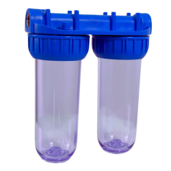 Swiss Aqua Technologies Double transparent bowl with 3/4" brass fittings for 10" universal filters, supplied without filter (SATHF34D)