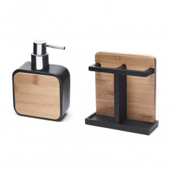Optima Hombre Bathroom set with Toothbrush holder + Soap dispenser, Polyresin and Bamboo wood, Black (HOM-SET1)