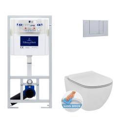 Villeroy & Boch Toilet set support frame + Ideal Standard TESI AquaBlade rimless bowl + Chrome flush plate (ViConnectTesi-1)