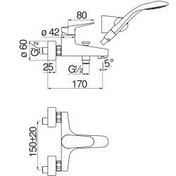 Nobili Blues Wall-mounted single lever bath shower mixer + 1 jet hand shower and 150 cm hose, Chrome (BS101110CR)