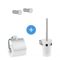 Hansgrohe Logis Universal Pack Toilet brush + Set of 2 Bathroom hooks + Toilet paper holder, Chrome (41722000-QuadrioLogis)