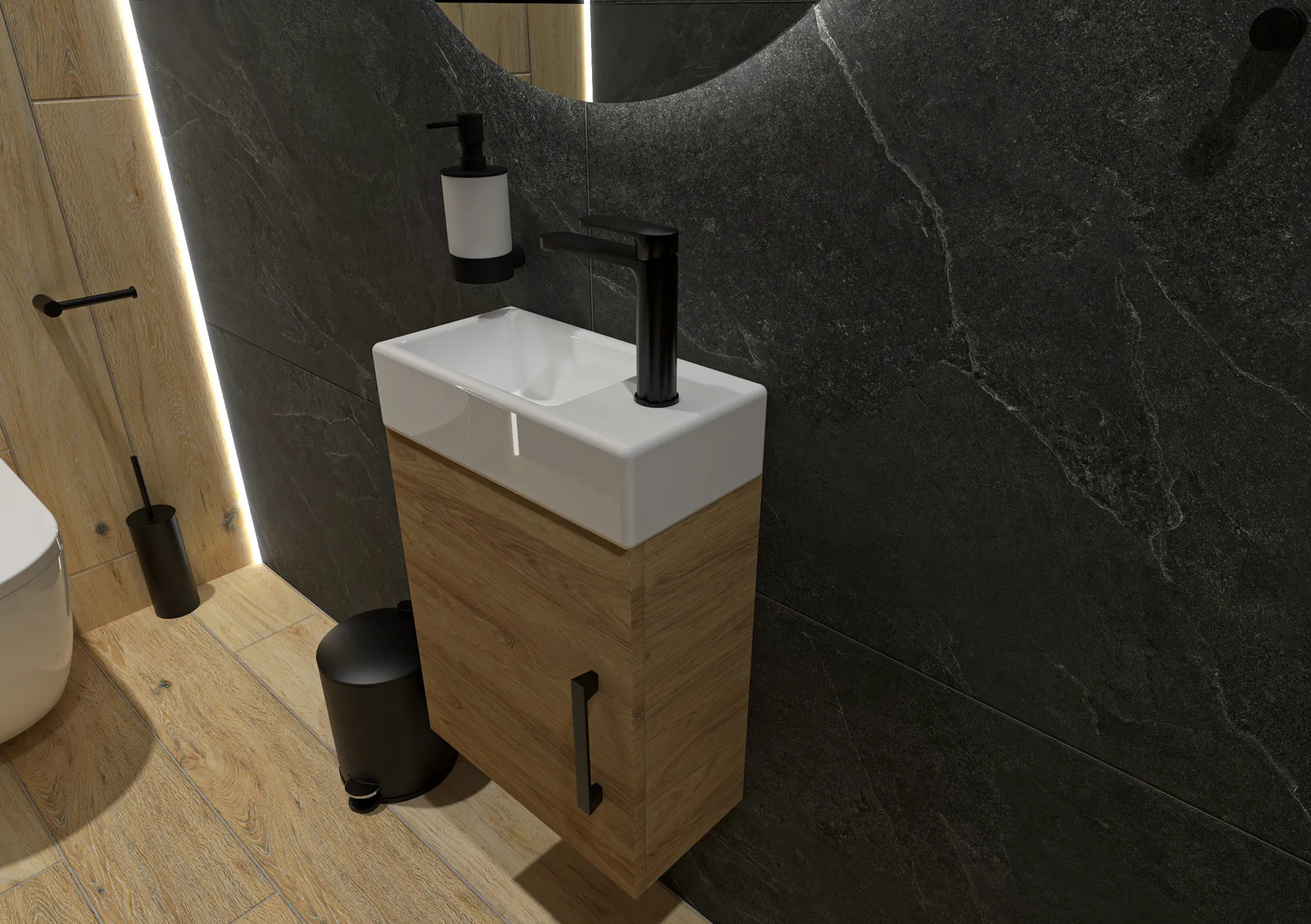 Black WC Inspiration: Modern Design with Wood and Matte Black Contrast